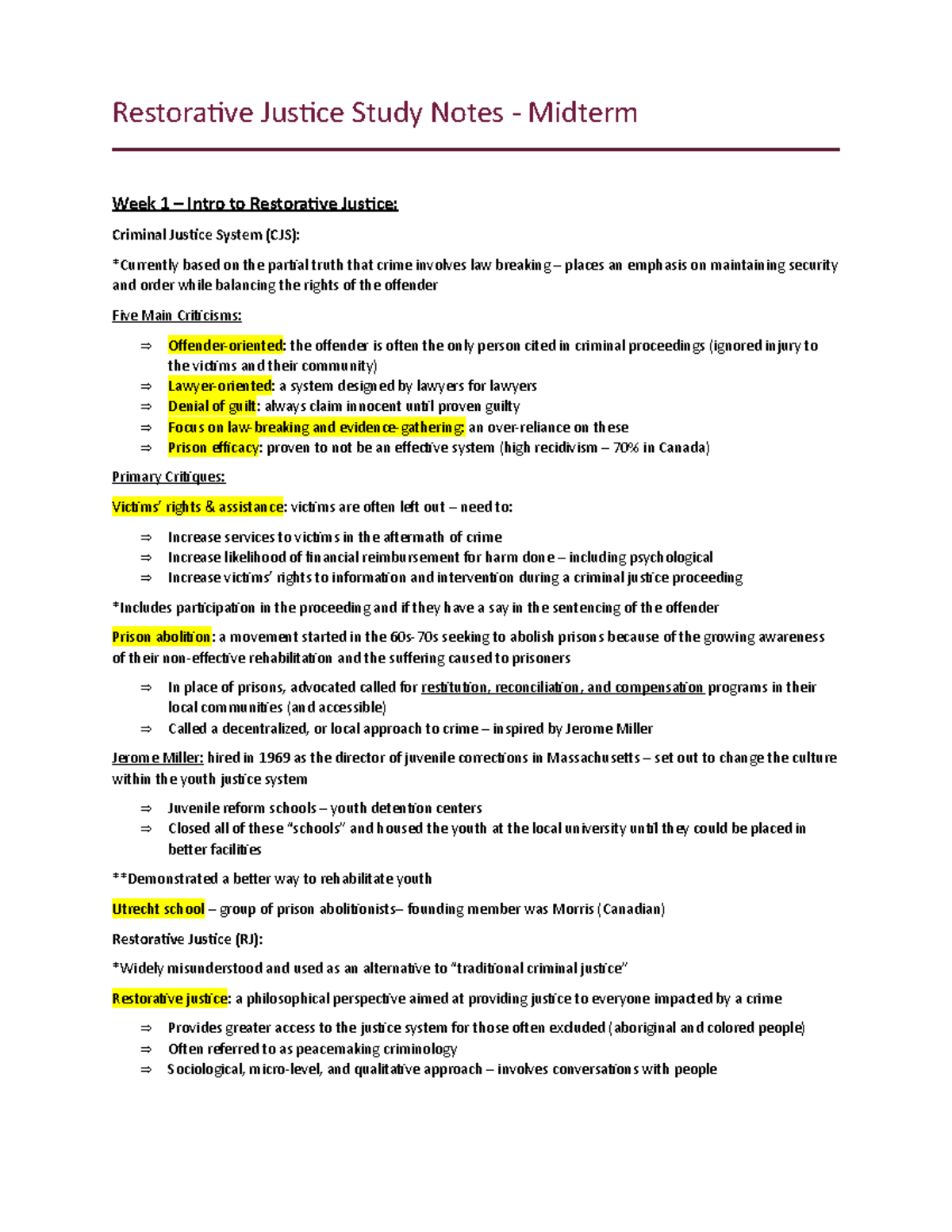 Study Notes midterm 1 Restorative Justice Study Notes Midterm Week