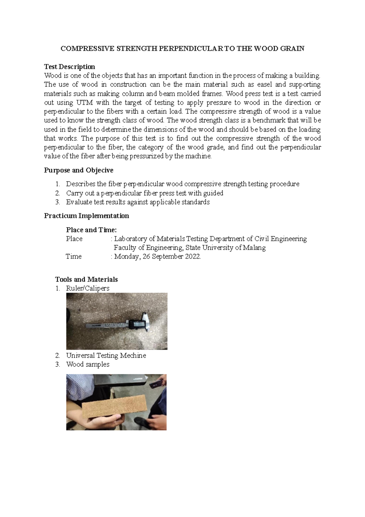 PRAKTIKUM KAYU KUAT Tekan Tegak Lurus Serat KAYU COMPRESSIVE STRENGTH