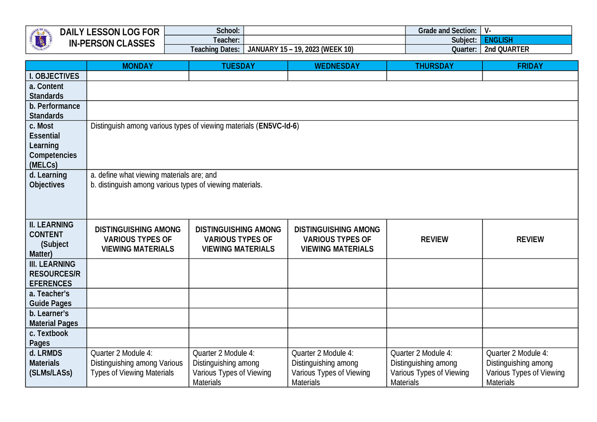 G5 Q2W10 DLL English MELCs - DAILY LESSON LOG FOR IN-PERSON CLASSES ...