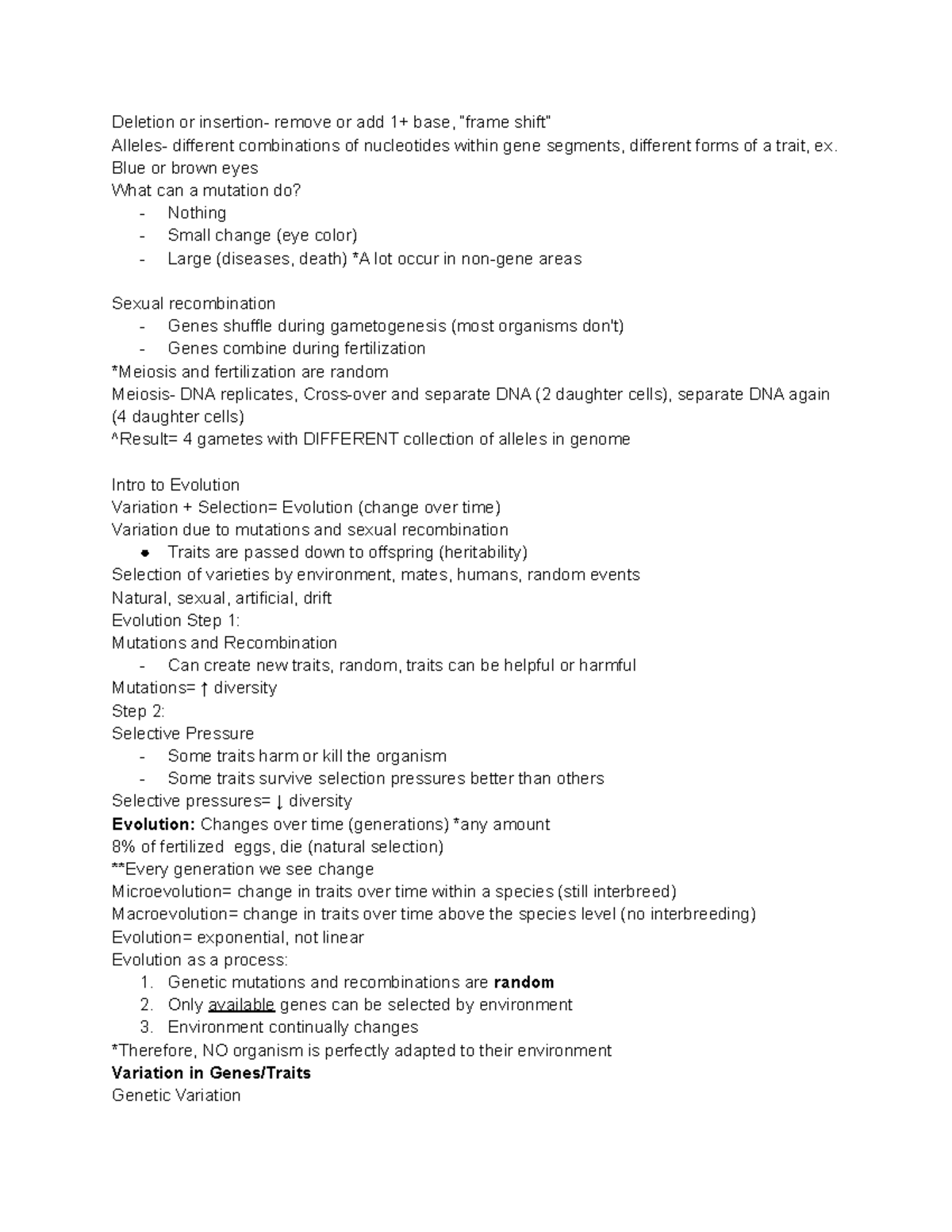 Genetics Notes 2 - Deletion or insertion- remove or add 1+ base, “frame ...