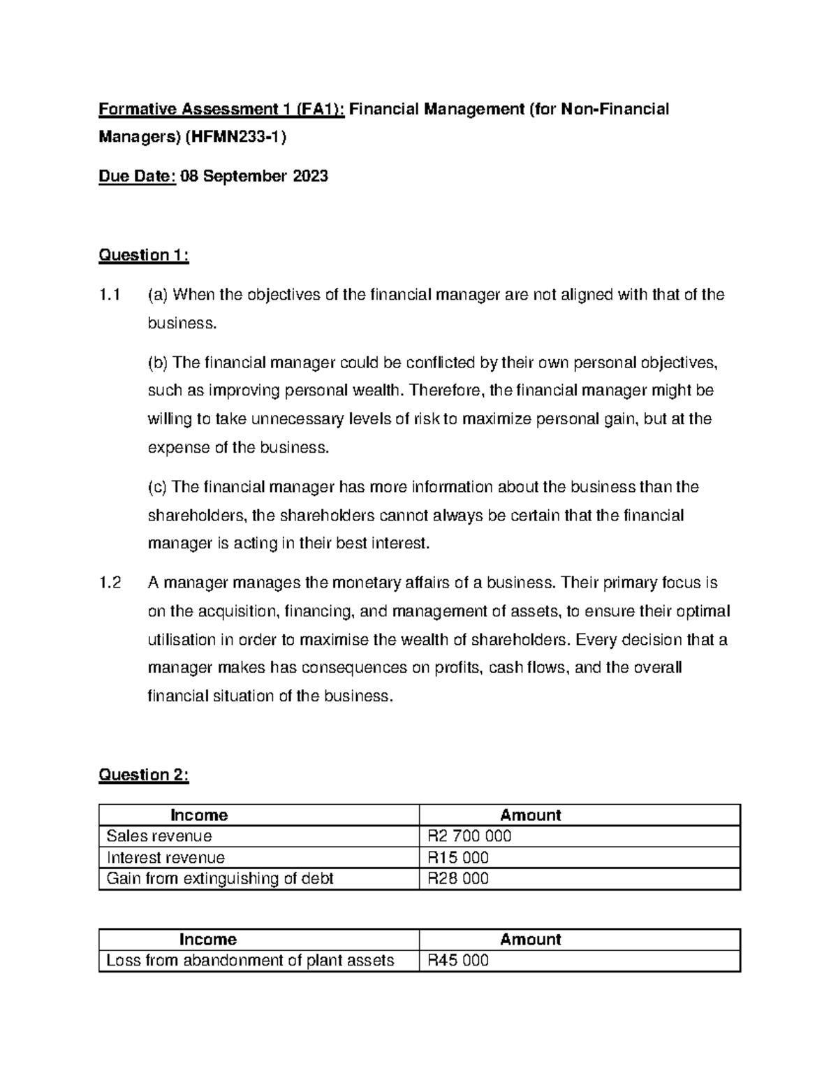 Formative Assessment 1 (FA1) Financial Management (for Non-F - (b) The ...