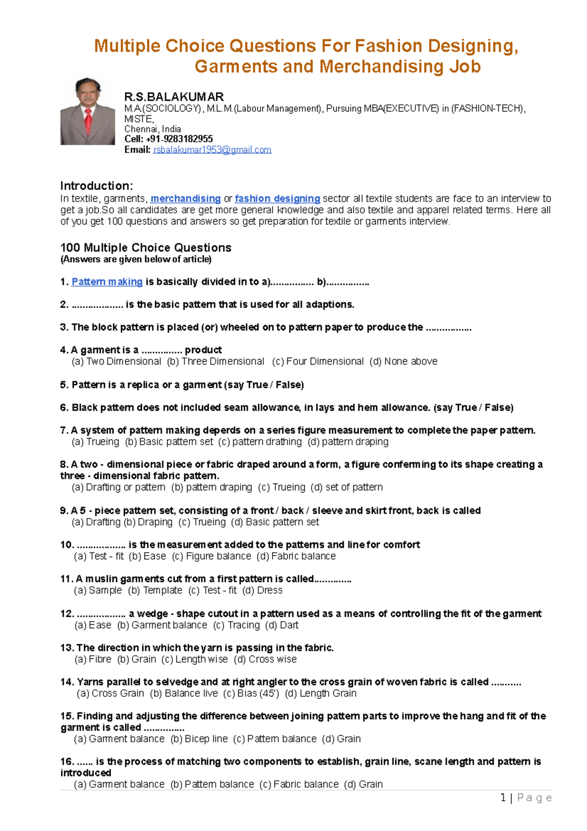 Questions on apparel Multiple Choice Questions For Fashion Designing