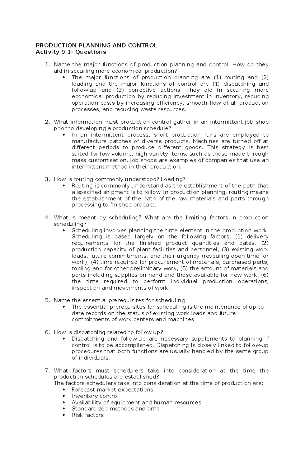 Operations Management - PRODUCTION PLANNING AND CONTROL Activity 9 ...