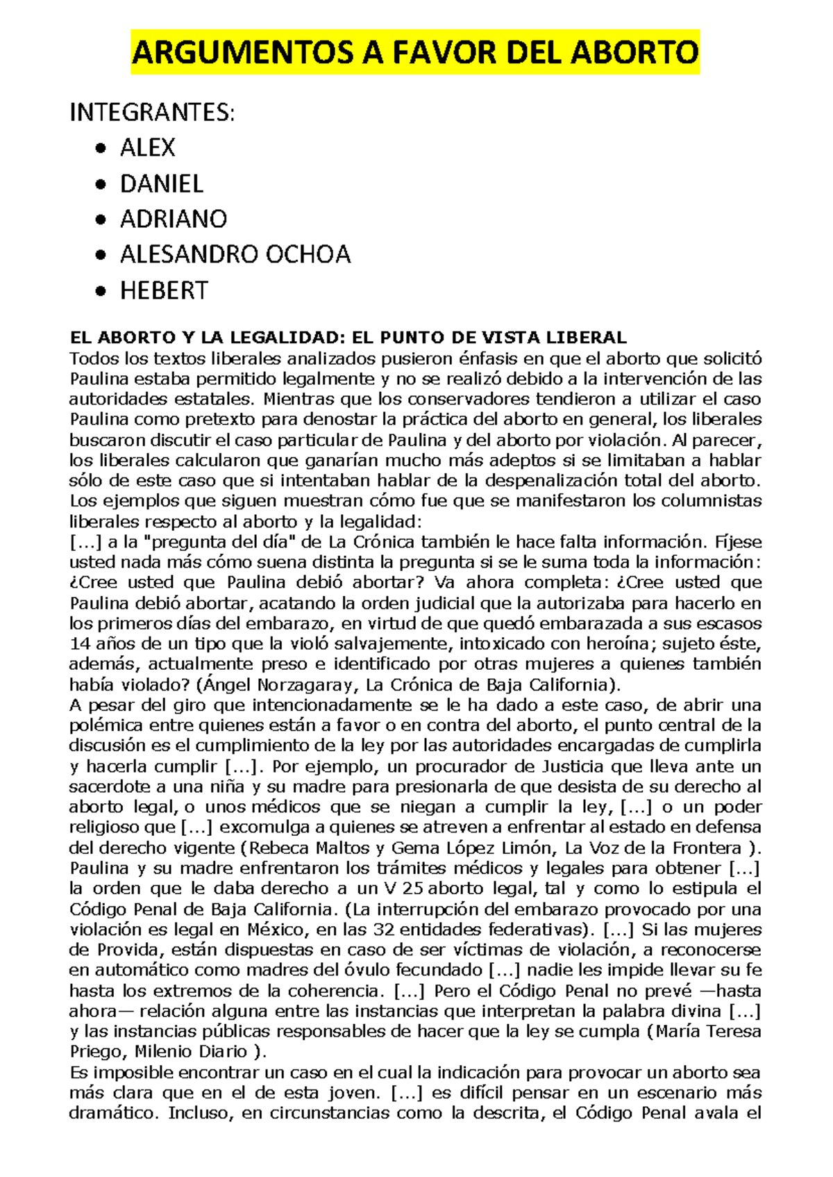 Argumentos - Final- EL Aborto - A Favor - 5° SEC - ARGUMENTOS A FAVOR ...