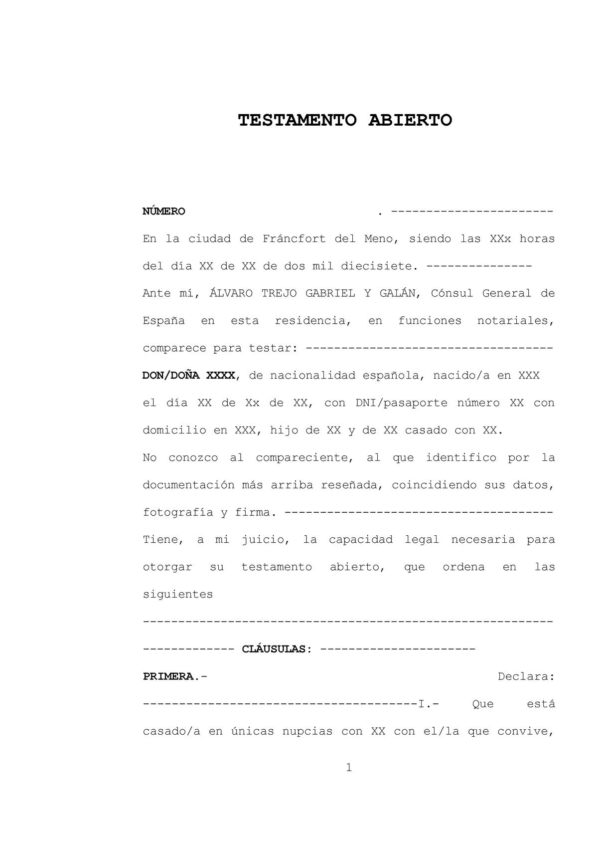 Modelo De Testamento Abierto Derecho Civil Testamento Abierto N Mero