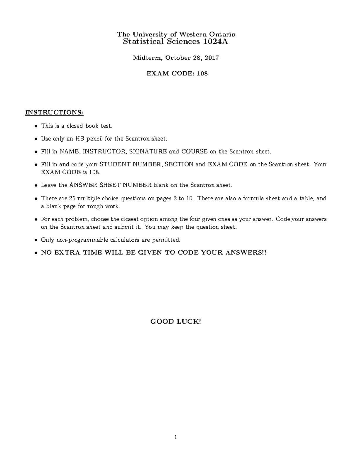 Statistics 1024A Midterm Test - 2017 - The University of Western ...