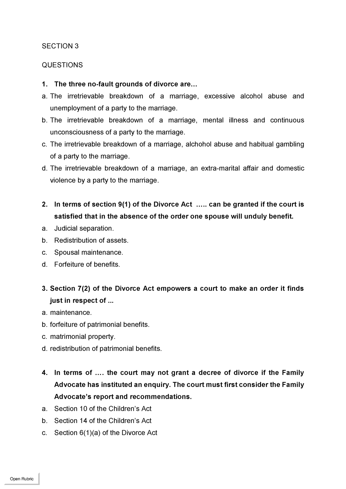 Pvl2601 Mcq 2022 01 Section 3 Section 3 Questions 1 The Three No Fault Grounds Of Divorce Are 