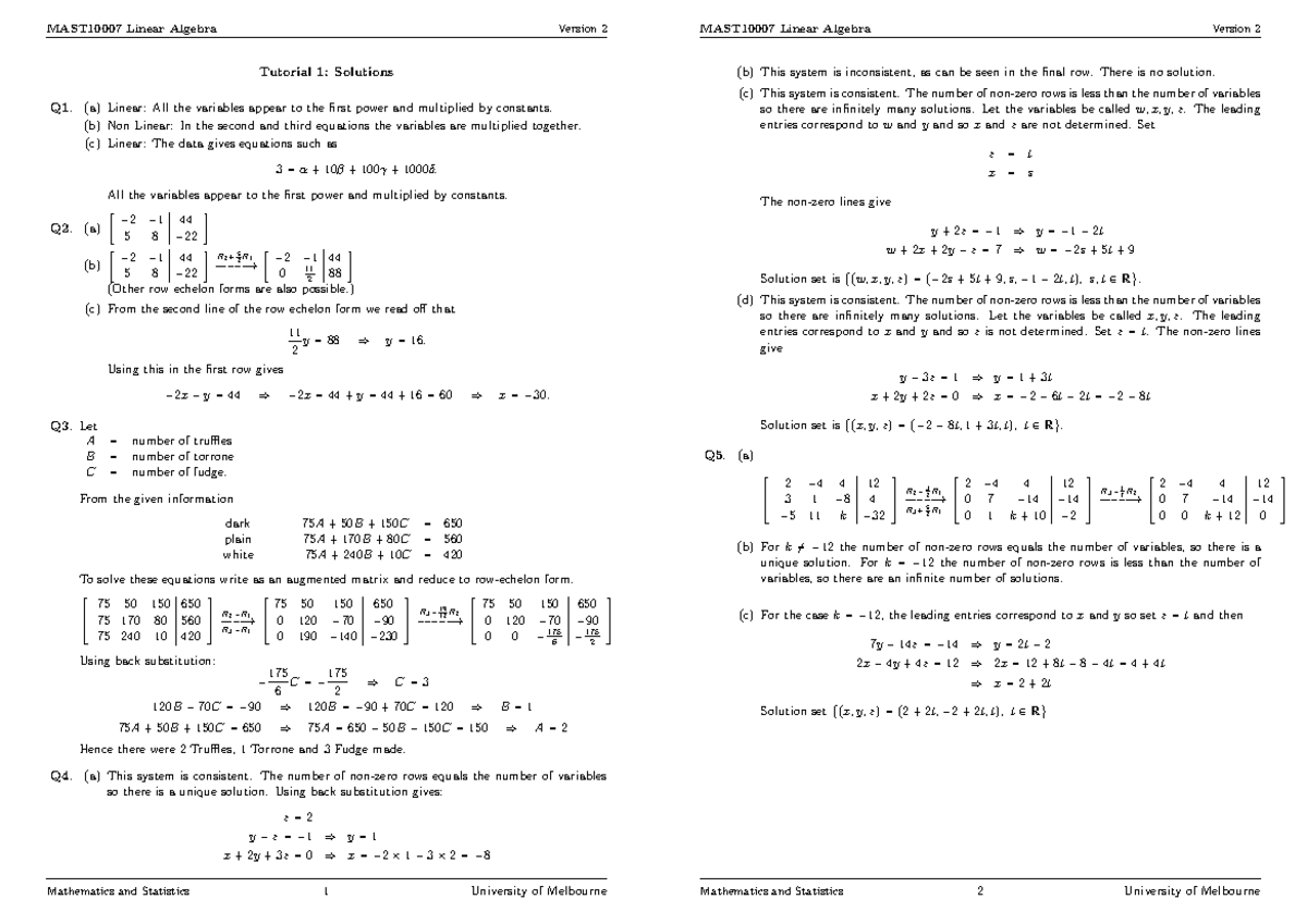 T01solutions - prac - MAST10007 Linear Algebra Version 2 Tutorial 1 ...