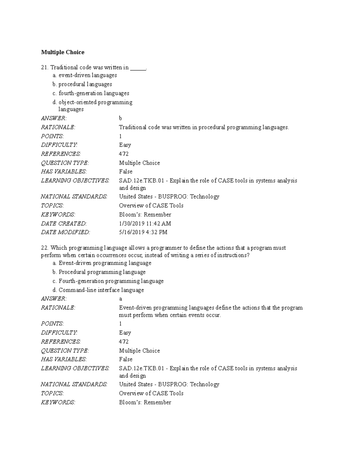 Toolkit Part B CASE Tools MCQ - Multiple Choice Traditional Code Was ...