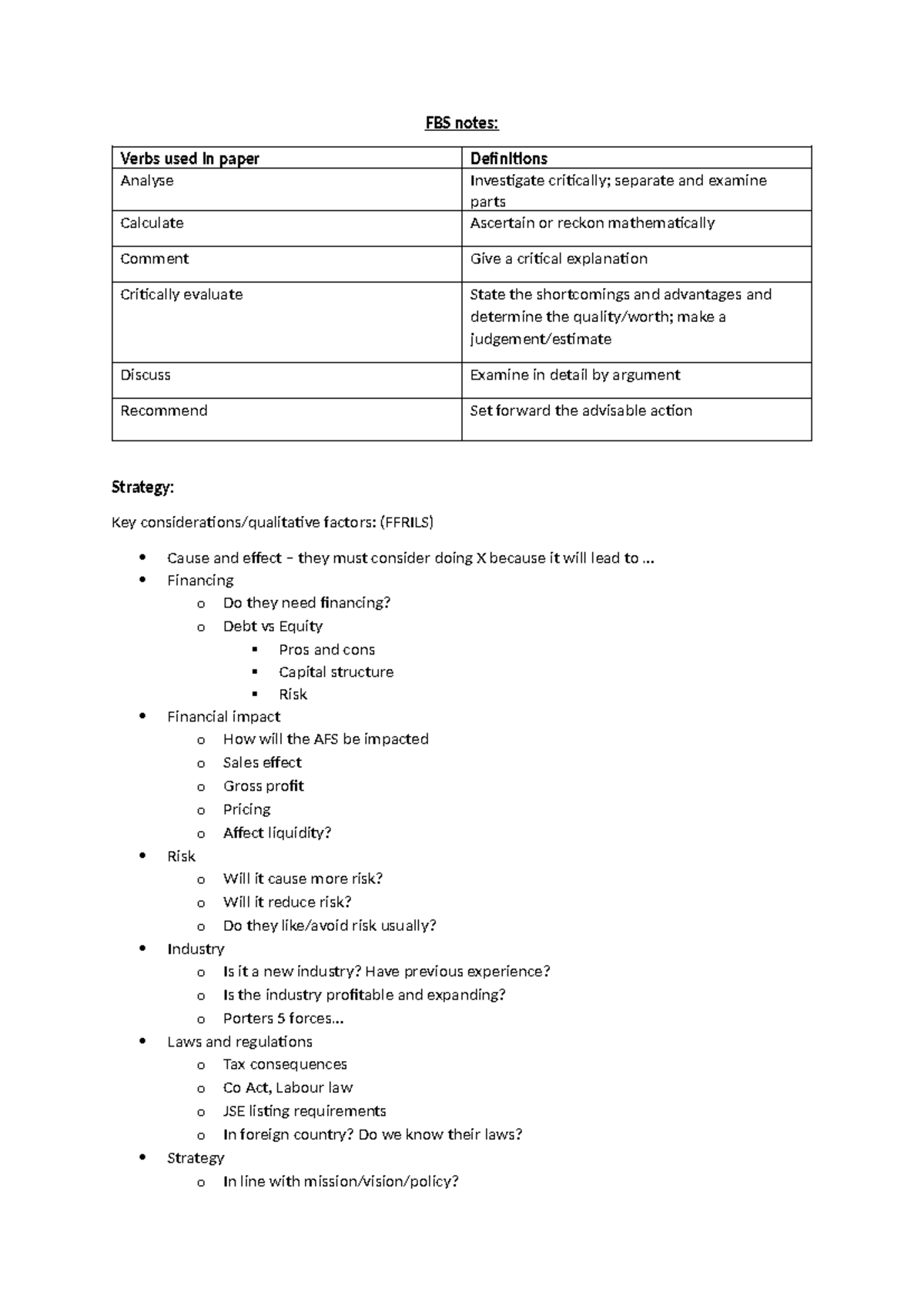 FBS notes - FBS notes: Verbs used in paper Definitions Analyse ...