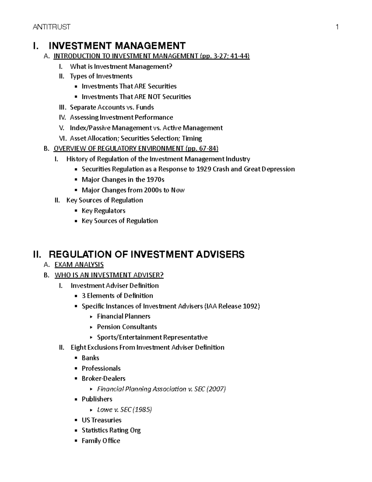 Investment Management Study Sheet Topics List for Haber - ANTITRUST I ...
