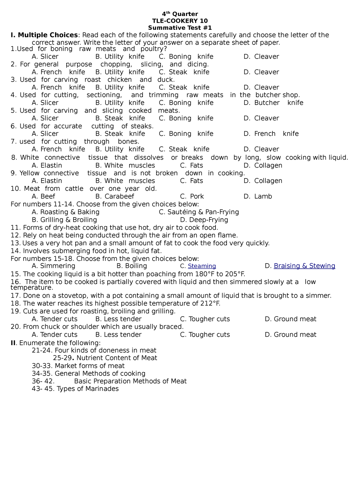 4th Quartertle 10 4 Th Quarter Tle Cookery 10 Summative Test I Multiple Choices Read 8784