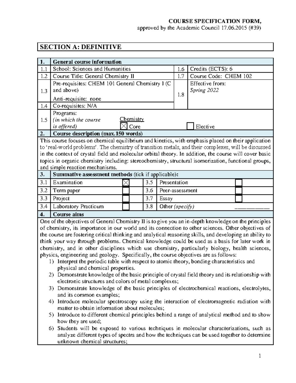 CHEM 102 - General Chemistry II Syllabus - approved by the Academic ...