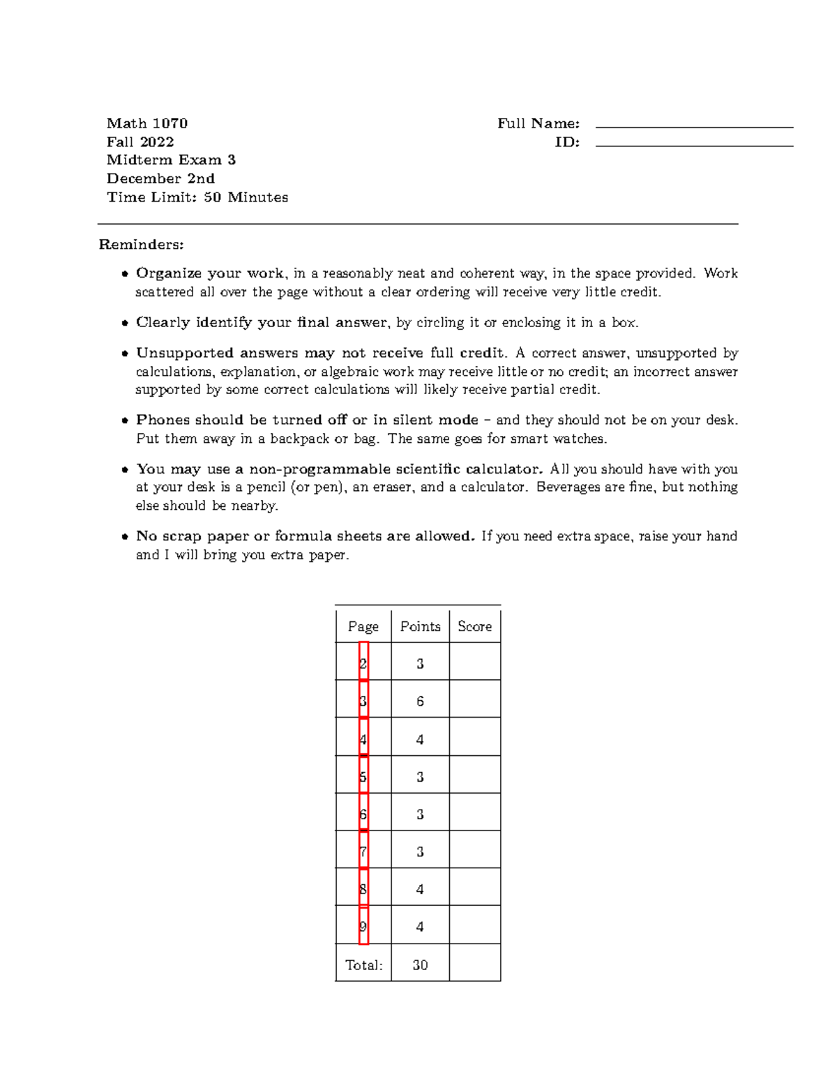 Midterm 3 - Math 1070 Full Name: Fall 2022 ID: Midterm Exam 3 December ...