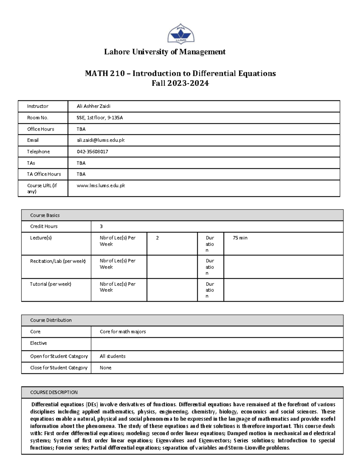 MATH 210 - Introduction to Differential Equations - Dr. Ali Ashher ...