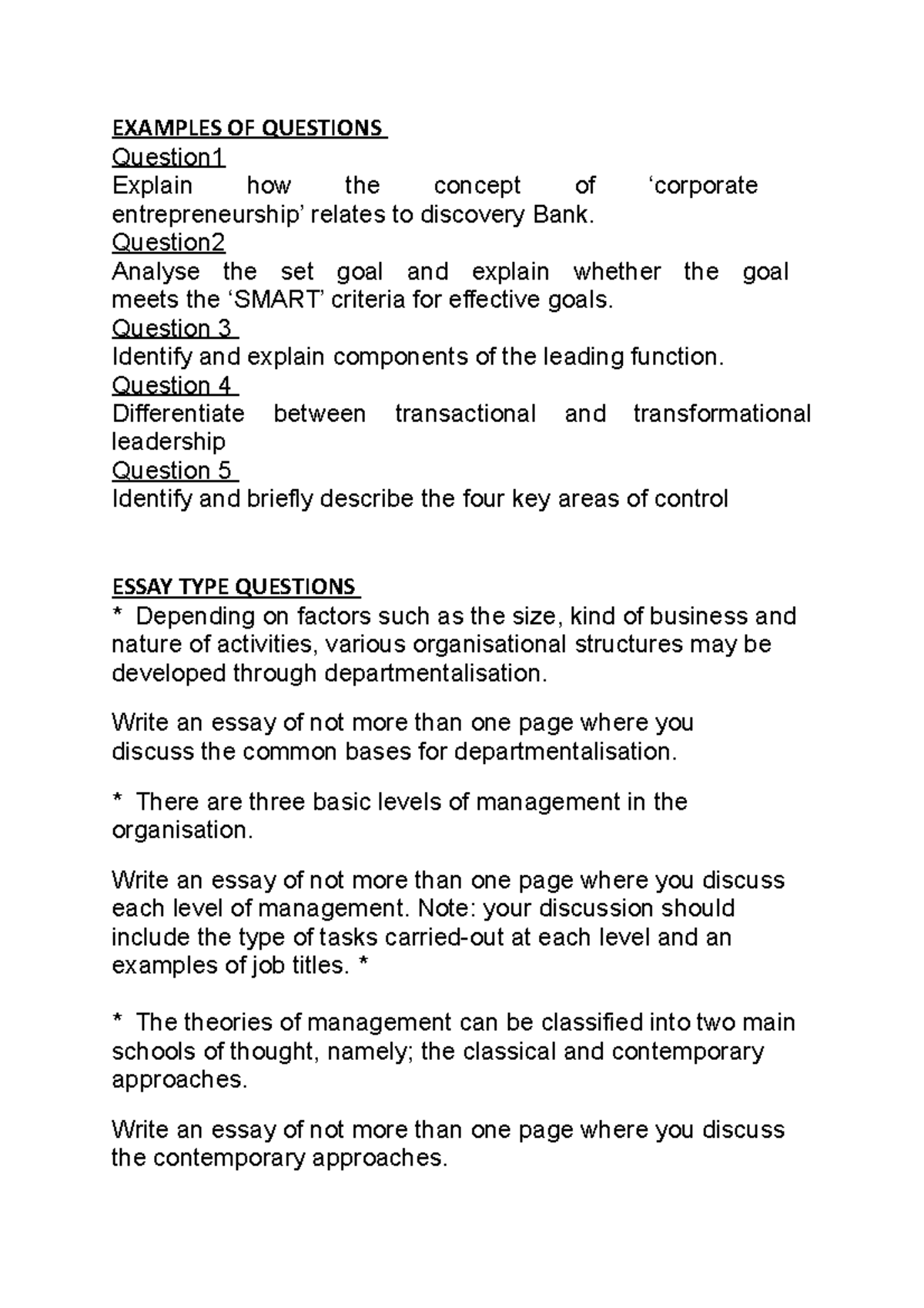 Examples OF Questions - Lecture notes 5 - 7 - EXAMPLES OF QUESTIONS ...