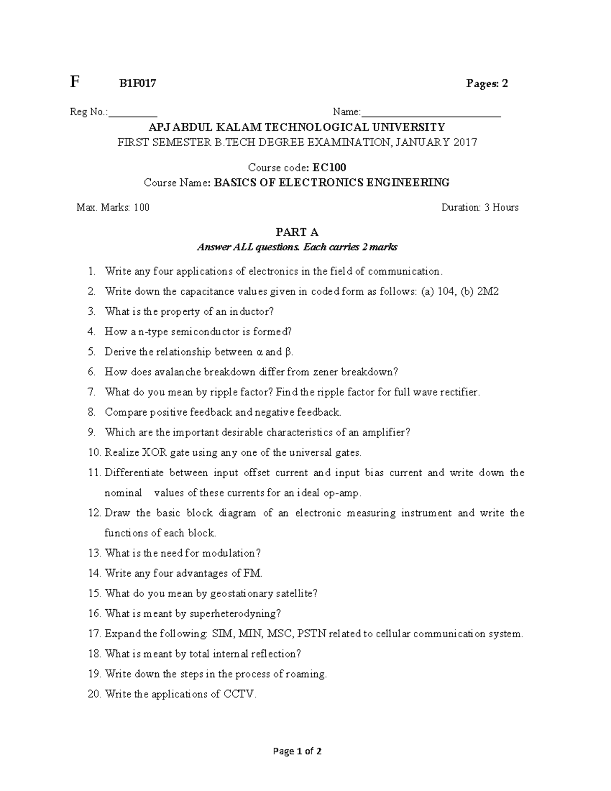 EC100-A - ====== - F B1F017 Pages: 2 Page 1 of 2 Reg No.:_________ Name