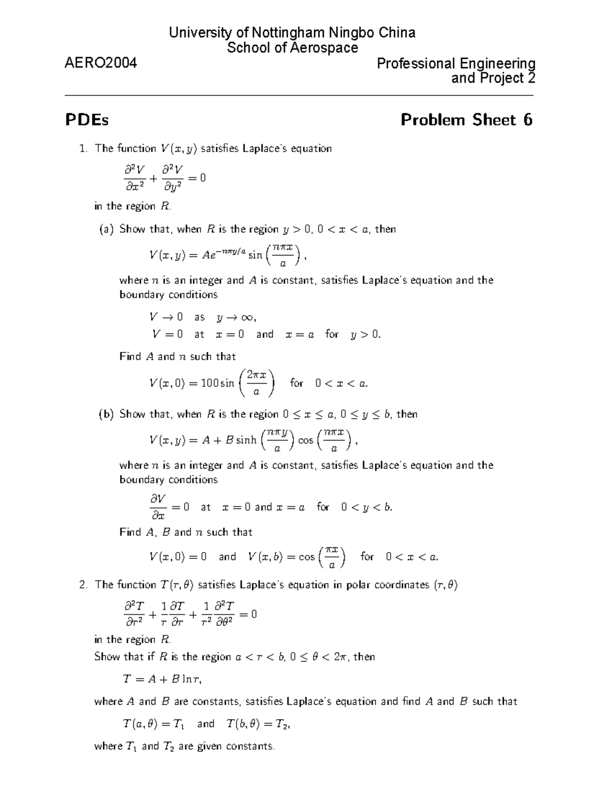 Problem Sheet 6 - math - University of Nottingham Ningbo China School ...