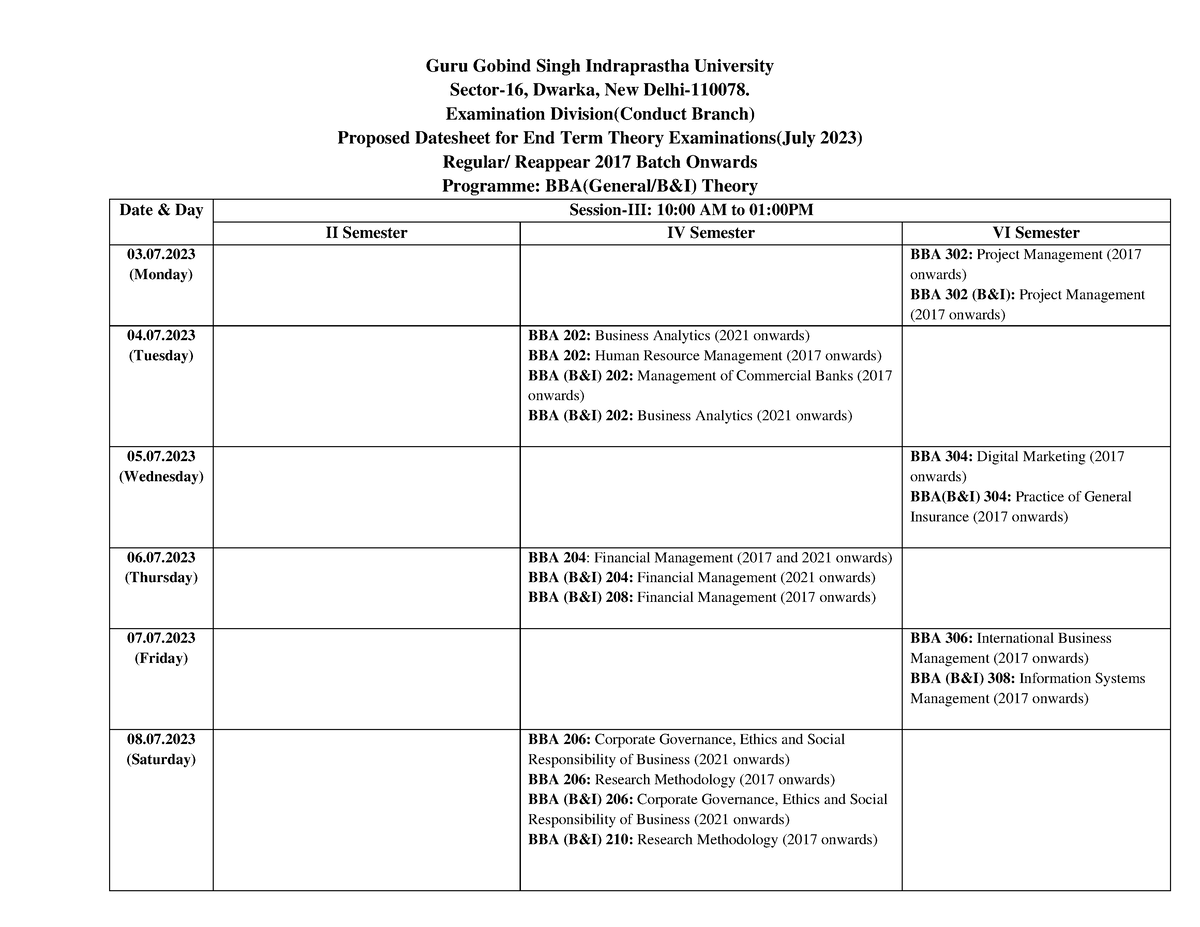 Final Proposed Datesheet-BBA- Ggsipu- June '2023 - Guru Gobind Singh ...