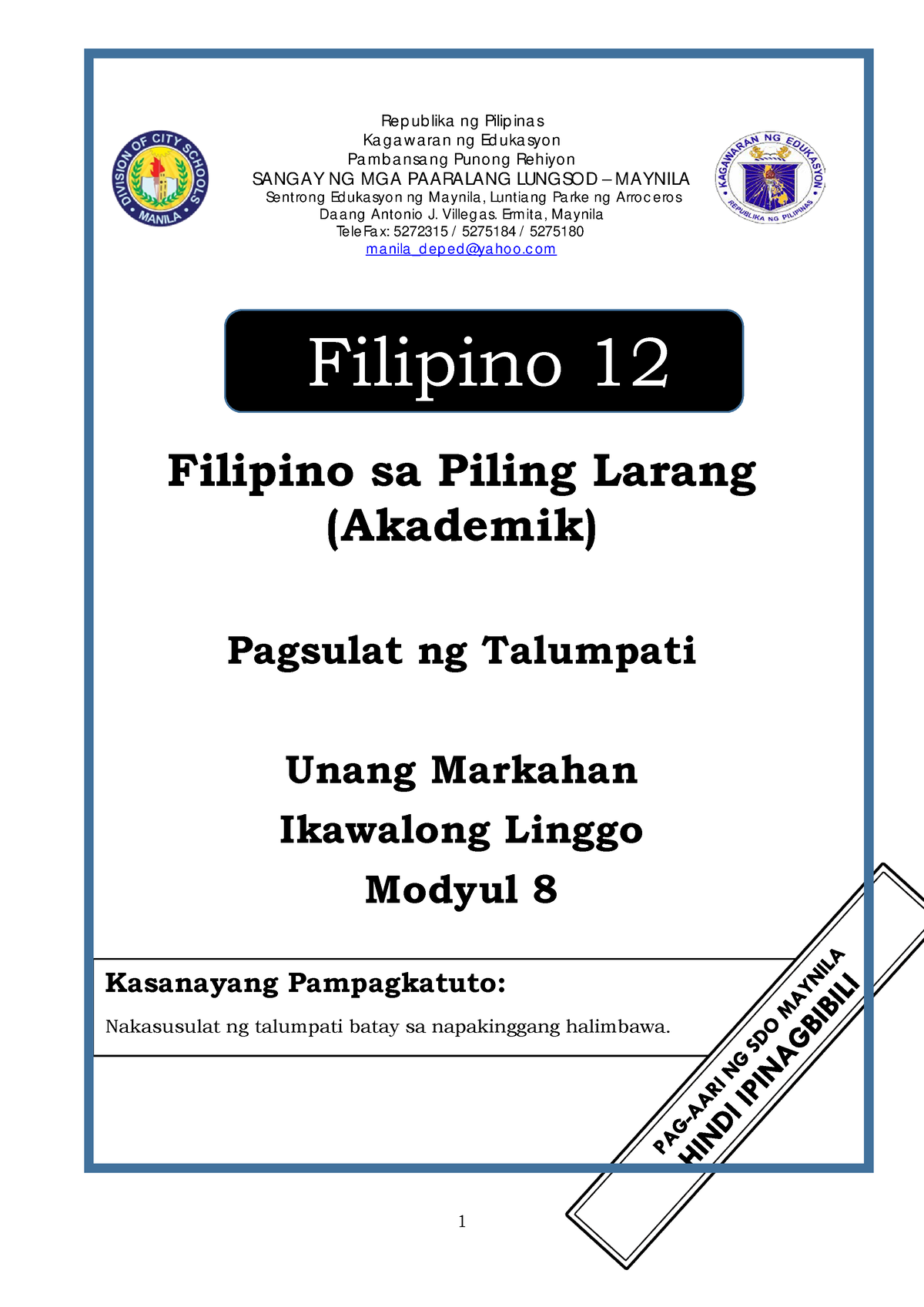 Filipino 12 Q1 Mod8 Akademik - Kasanayang Pampagkatuto: Nakasusulat Ng ...