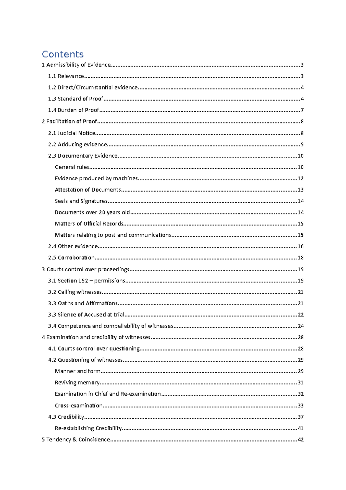 EvidenceNotesWeek1-5 - Contents 1 Admissibility of - Studocu