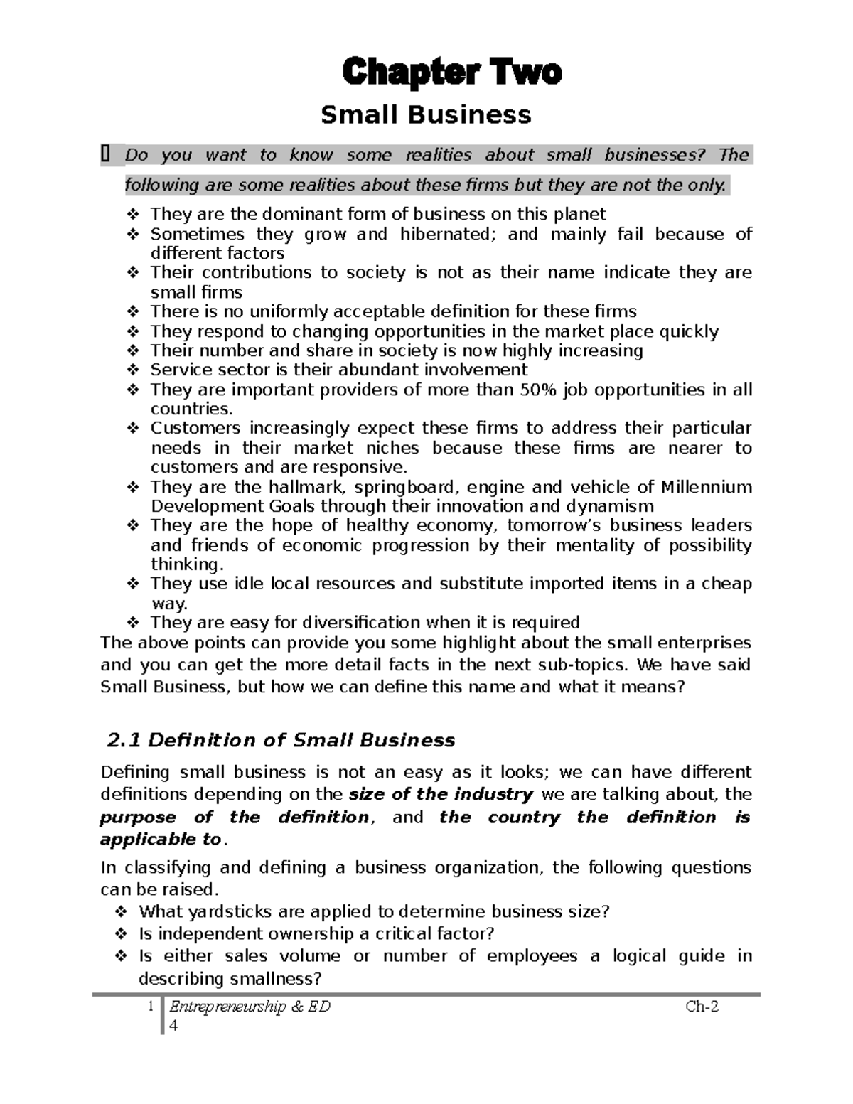 CH-2 - Chapter two lecture notes - Small Business Do you want to know ...