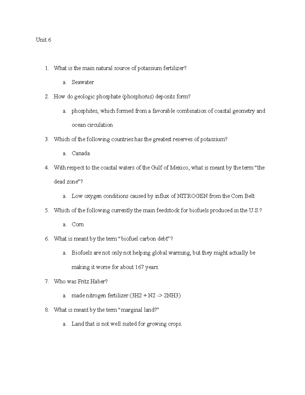 Unit 6 fall 20 Unit 6 What is the main natural source of potassium