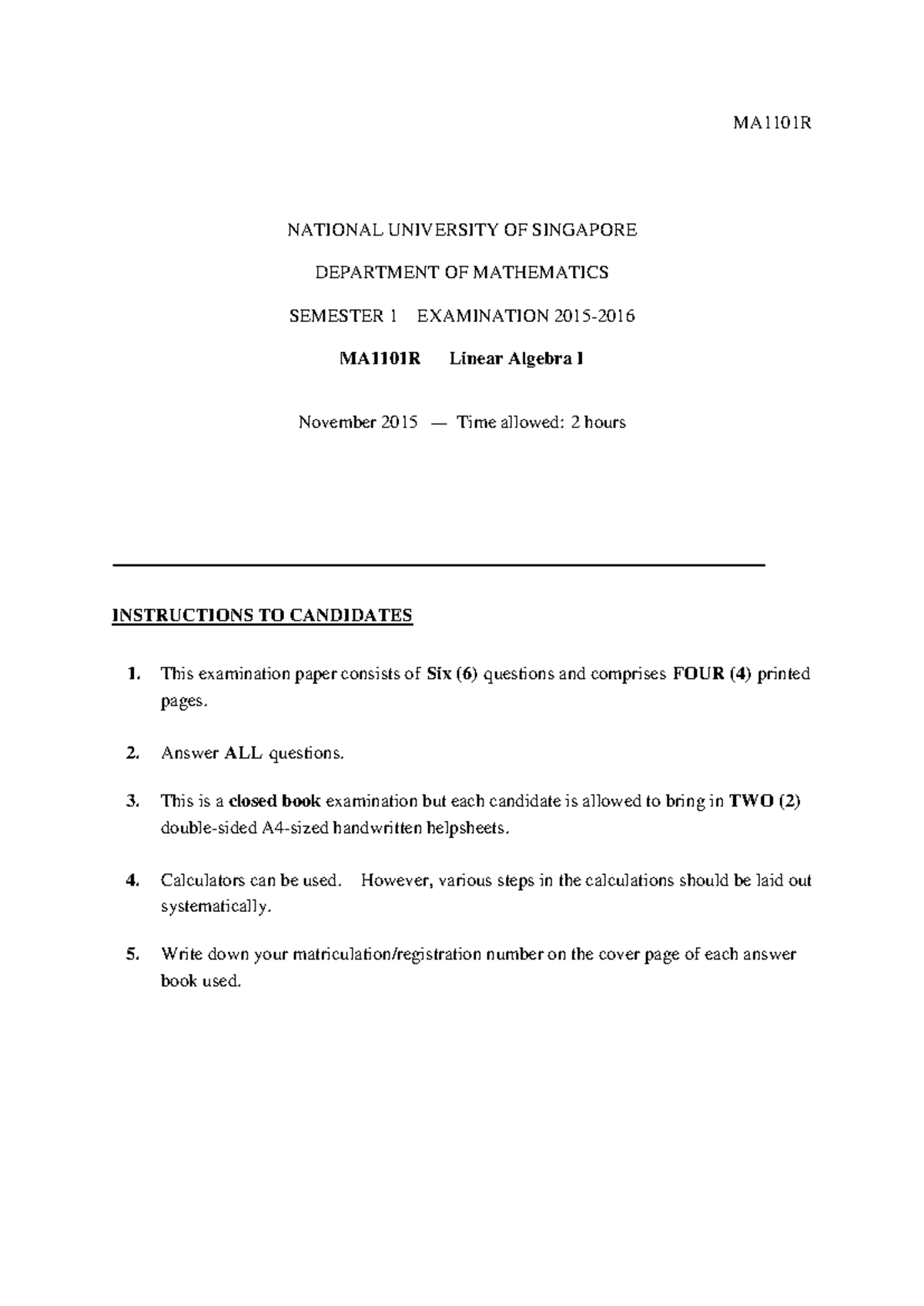 Past Papers - MA1101R NATIONAL UNIVERSITY OF SINGAPORE DEPARTMENT OF ...