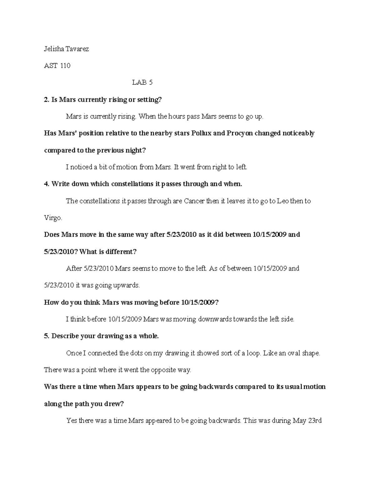 LAB 5 AST This assignment was on retrograde motion and how mars appear to be going backward