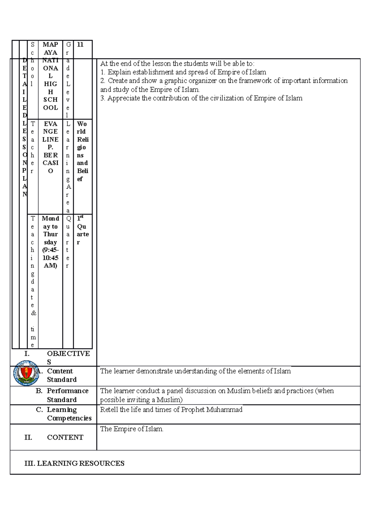 Eva dlp - TLE - I. OBJECTIVE S At the end of the lesson the students ...