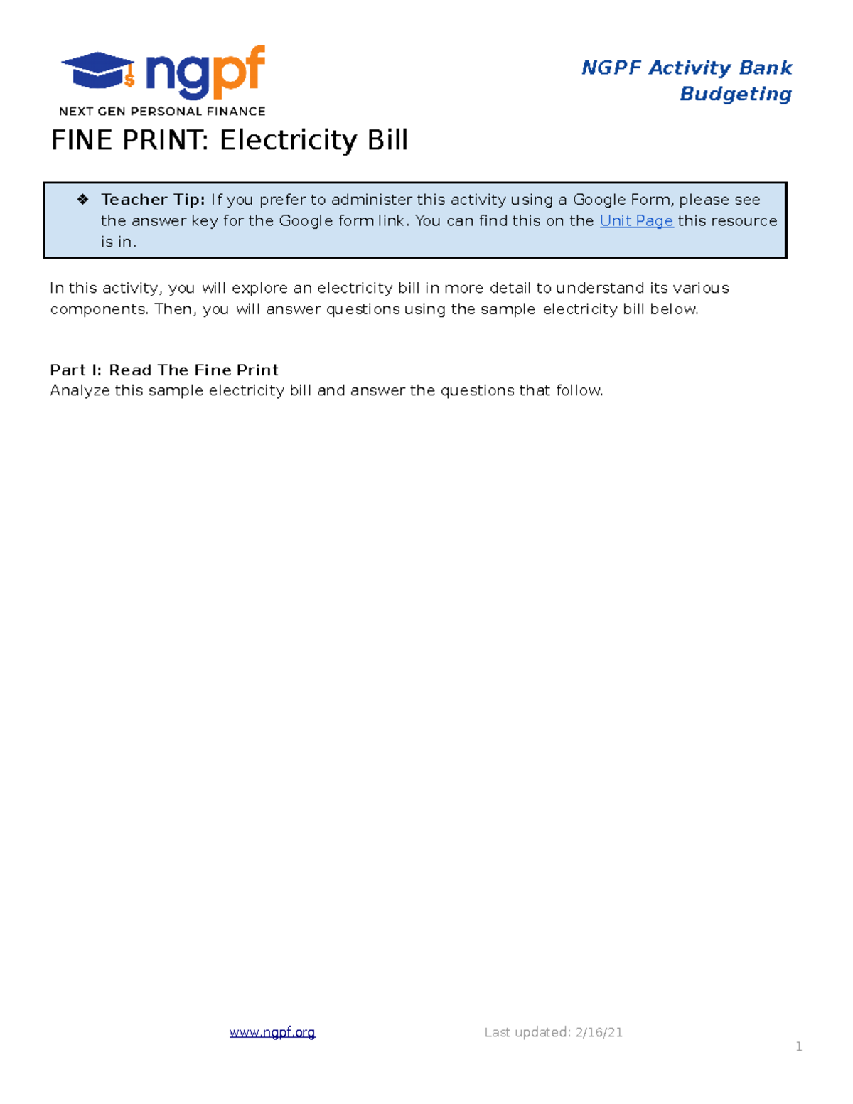 FINE Print Electricity Bill NGPF Activity Bank Budgeting FINE PRINT