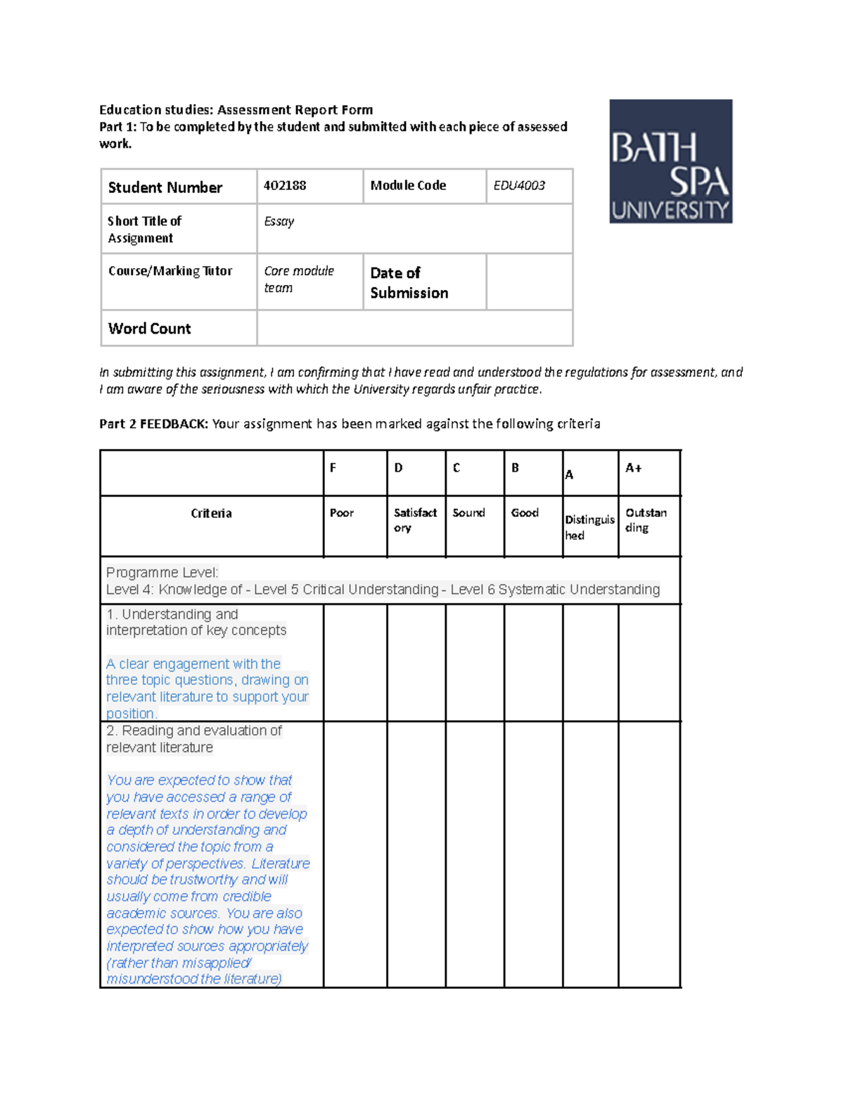 Essay 2 (2) - Grade: B+ - Education studies: Assessment Report Form ...