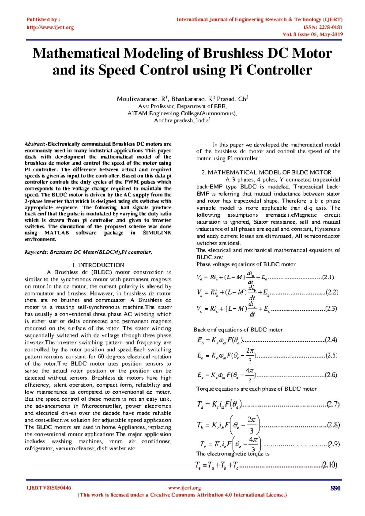 Mathematical modeling of brushless dc motor and its speed control using ...