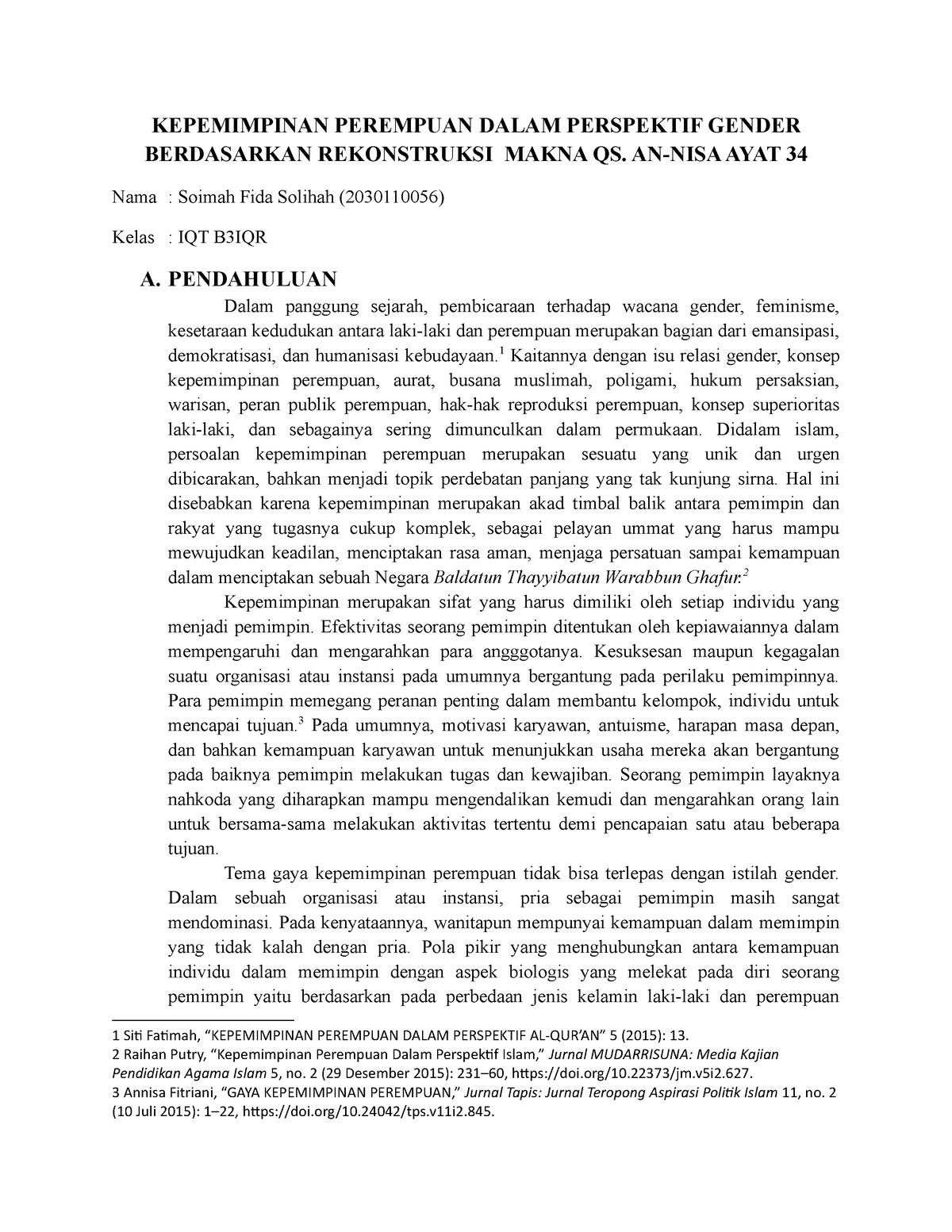 KEPEMIMPINAN PEREMPUAN DALAM PERSPEKTIF GENDER BERDASARKAN REKONSTRUKSI ...