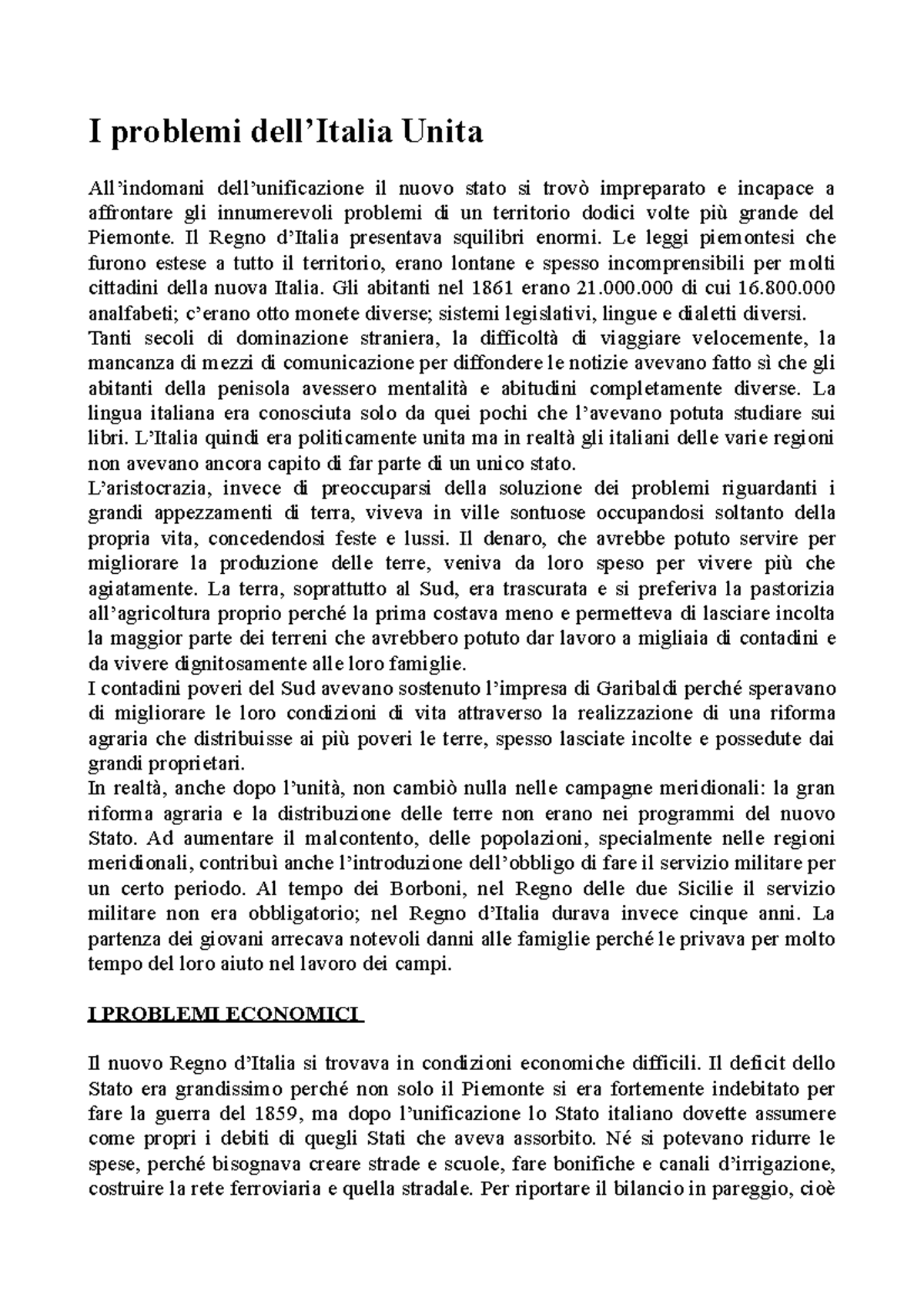 I Problemi Dell Italia Unita I Problemi Unita Il Nuovo Stato Si Impreparato E Incapace A Studocu