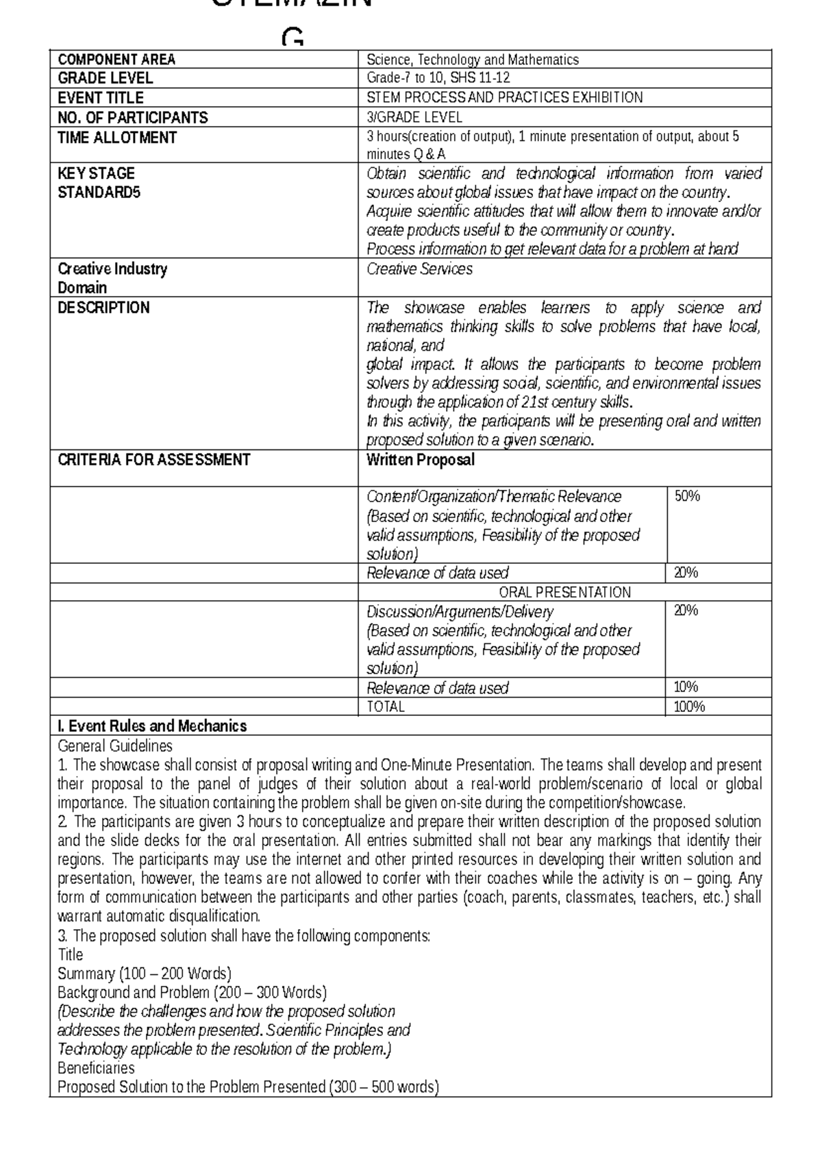 Guidelines - COMPONENT AREA Science, Technology and Mathematics GRADE ...