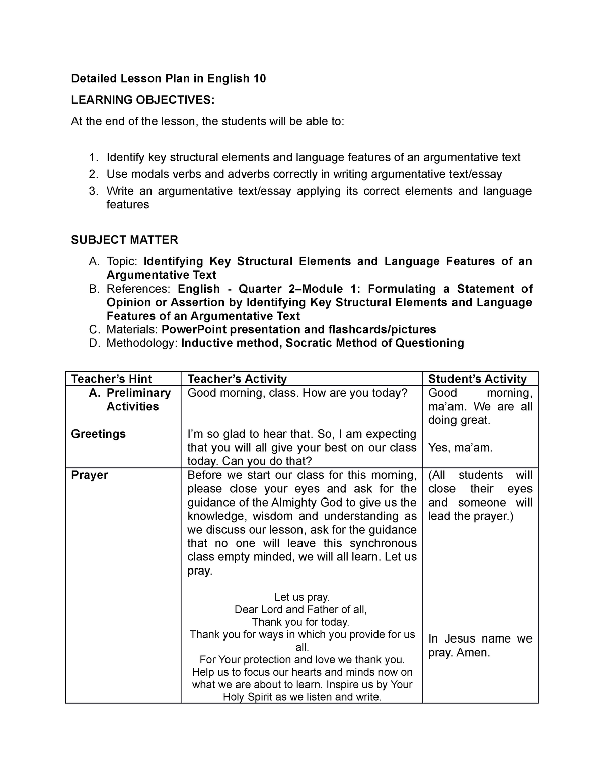 Detailed Lesson Plan In English 10 Topic Identifying Key Structural 