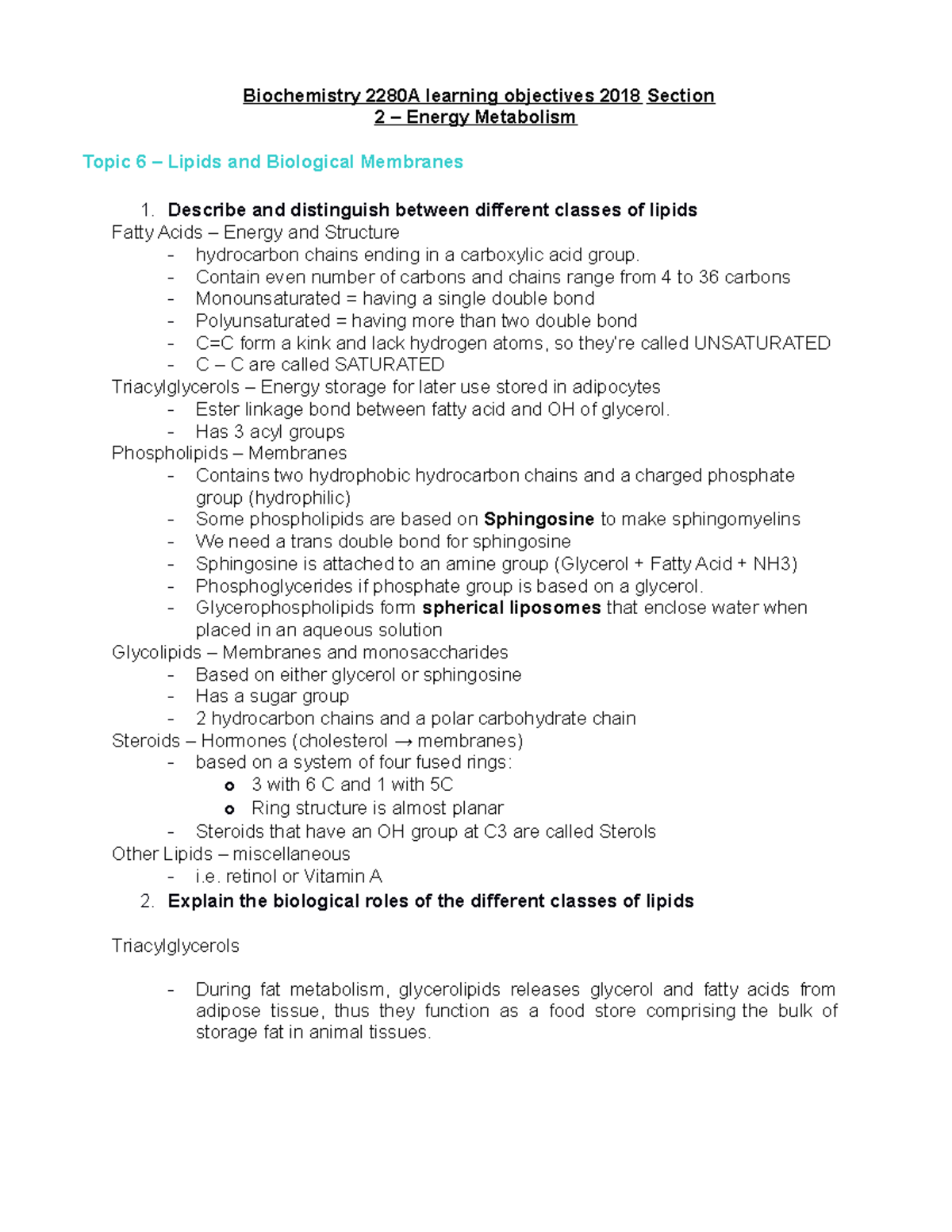 Section 2 Learning Objectives Biochemistry 2280A learning objectives 2018 Section 2 Energy
