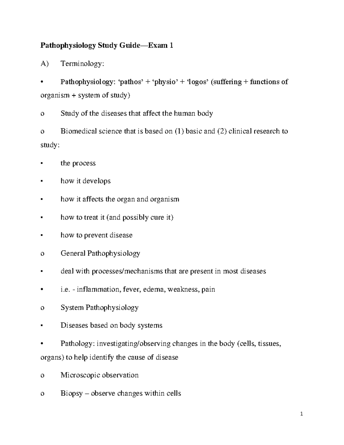 Pathophysiology Study Guide - Pathophysiology Study Guide—Exam 1 A ...