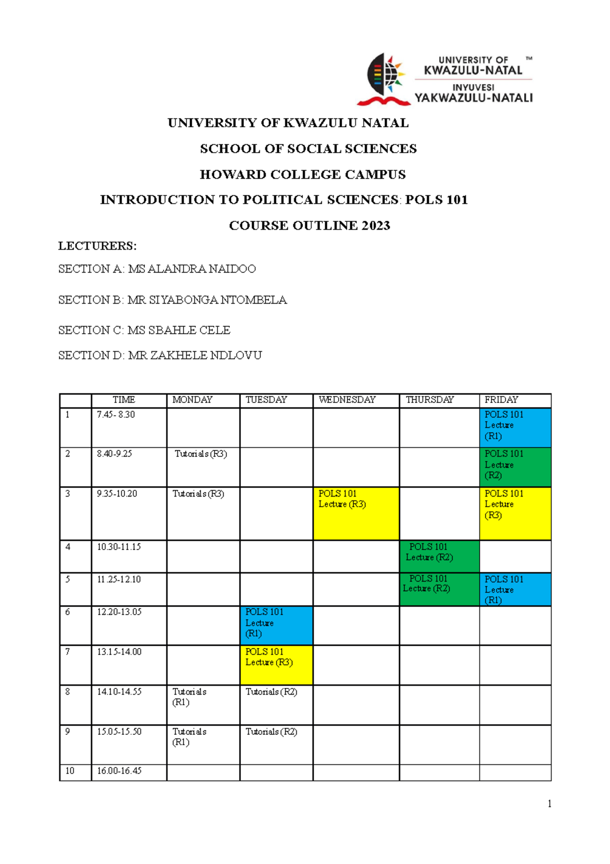 POLS101 2023 Course Outline - UNIVERSITY OF KWAZULU NATAL SCHOOL OF ...