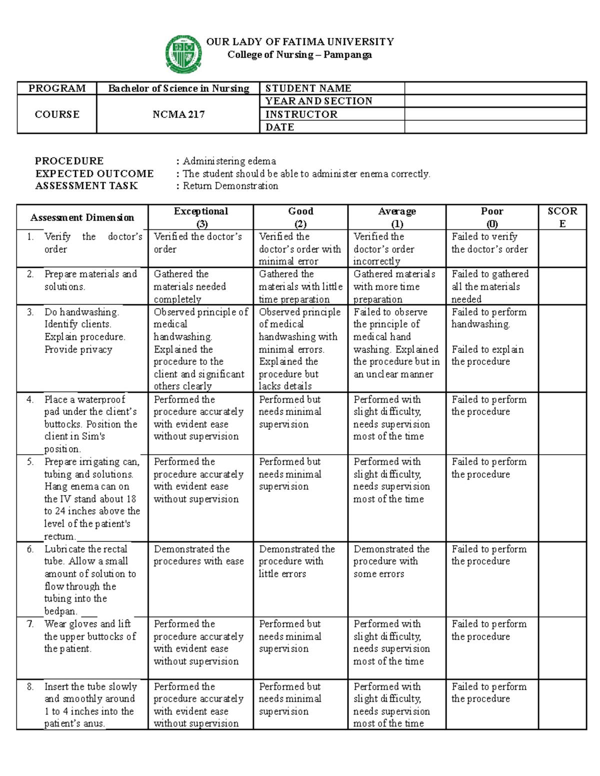 Administering- Enema - NURSING CHECKLIST - OUR LADY OF FATIMA ...