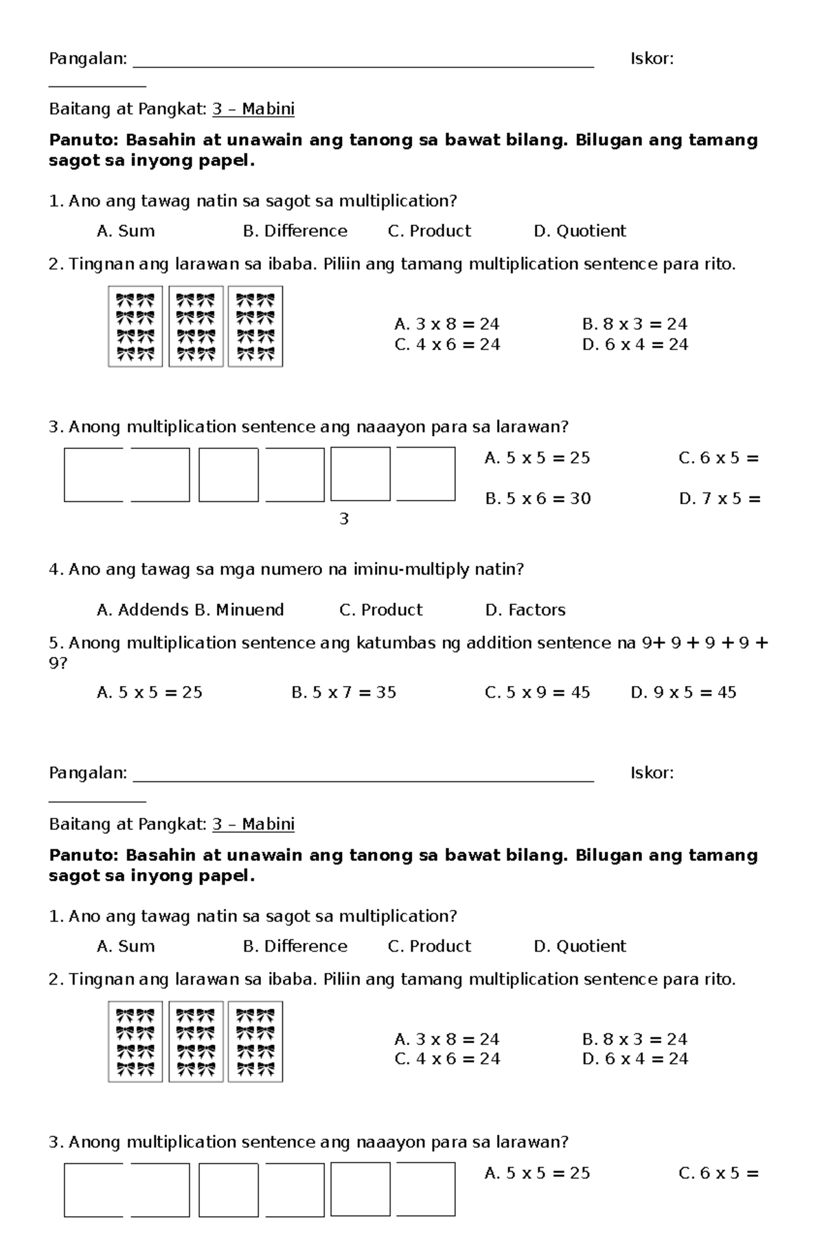Math 3-Multiplication-Quiz 1 - Pangalan