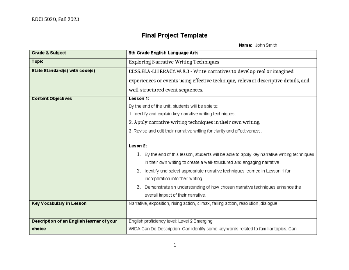 Final Project Lesson Plan - Final Project Template Name: John Smith ...