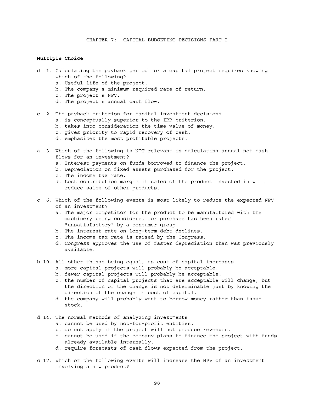 6 Capital Budget Testbank B - CHAPTER 7: CAPITAL BUDGETING DECISIONS ...