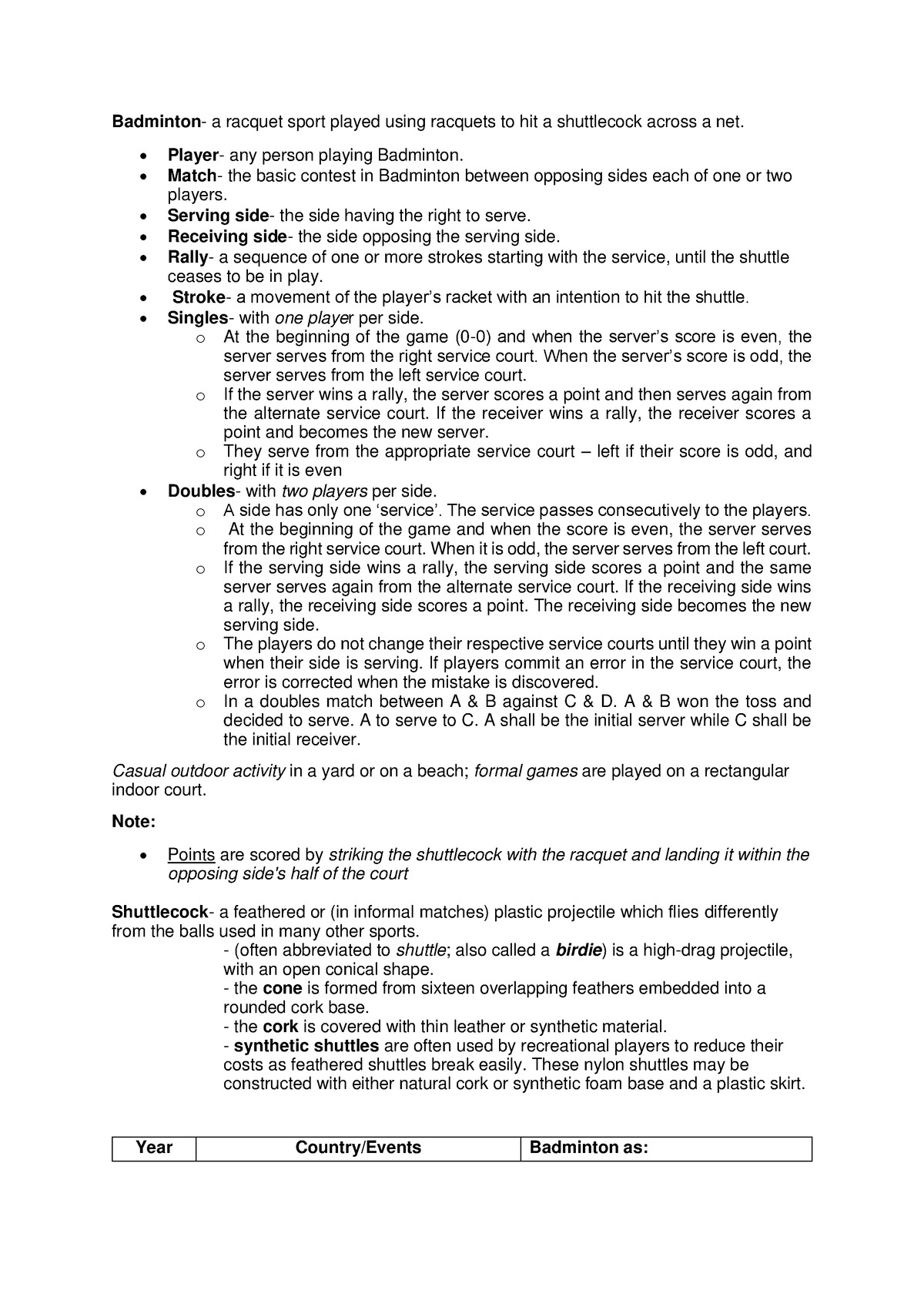 PE- Reviewer - Notes for review - Badminton- a racquet sport played ...