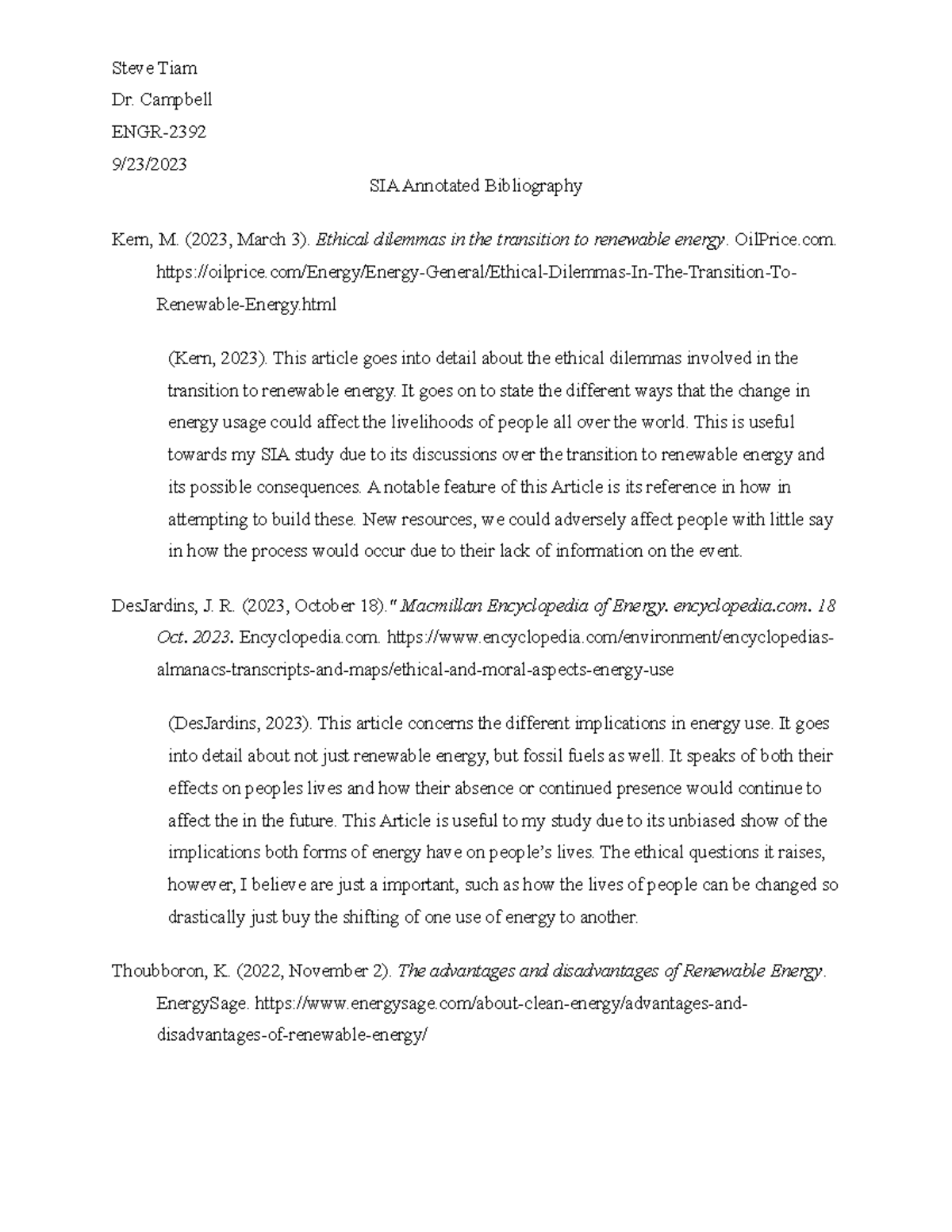 SIA Annotated Bibliography - Steve Tiam Dr. Campbell ENGR- 9/23/ SIA