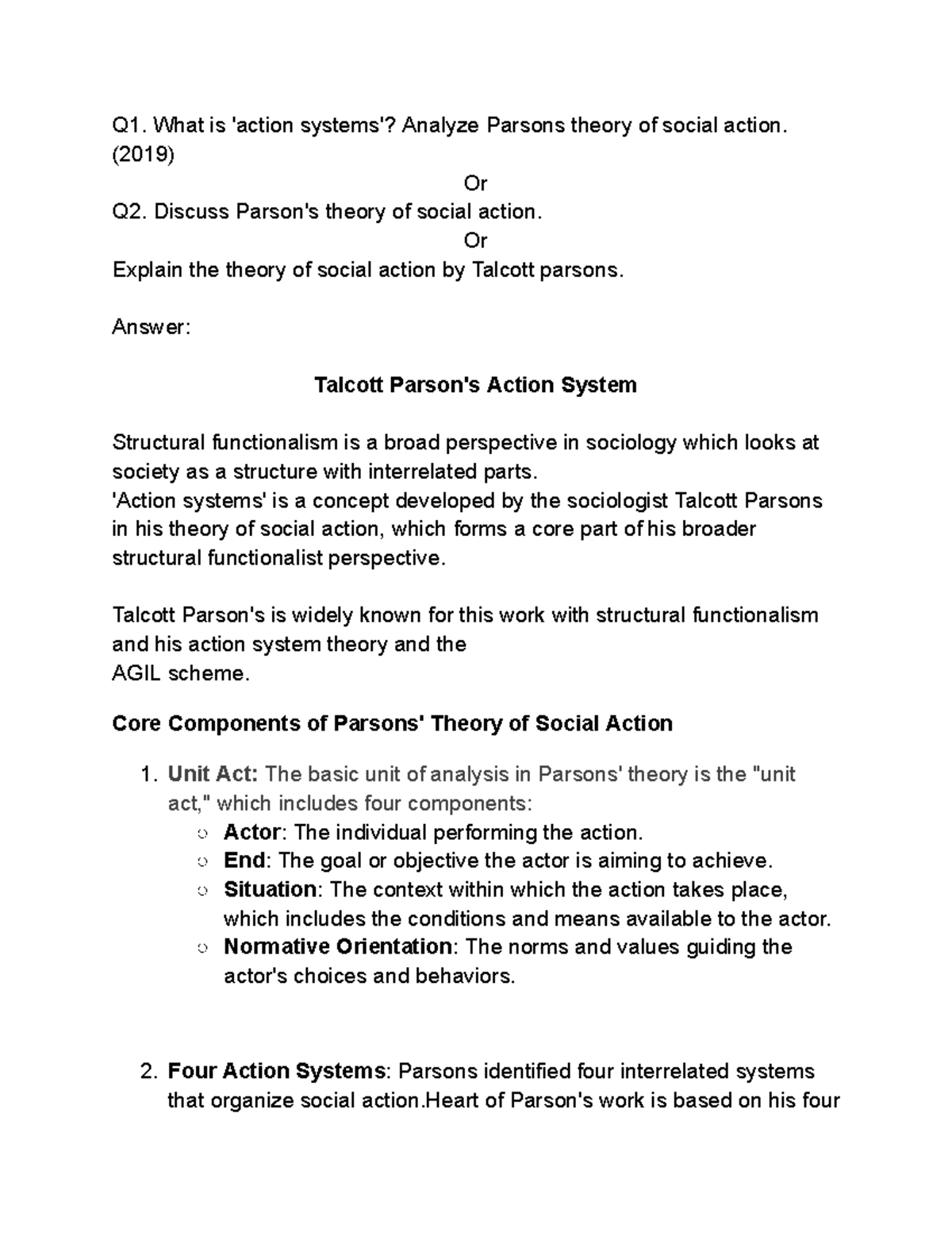 Talcott parsons Summary The Social System Q1. What is 'action