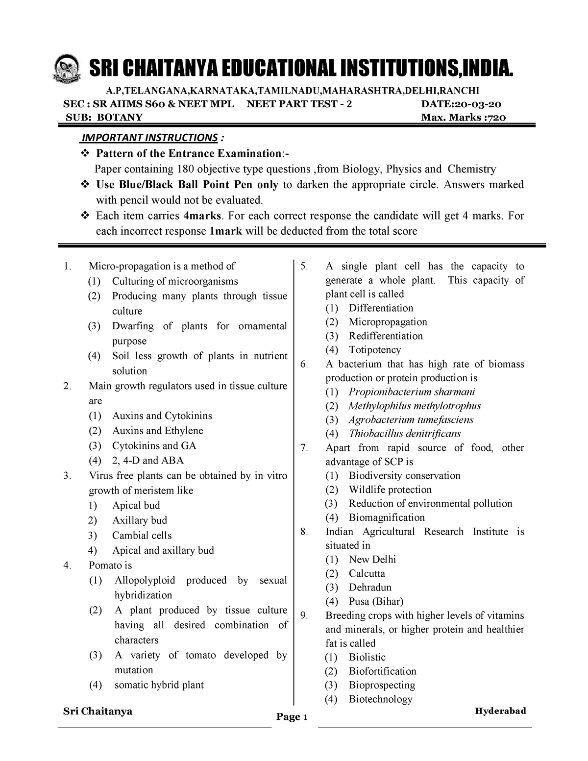 NEET Test Series 10 - Neet - - Studocu