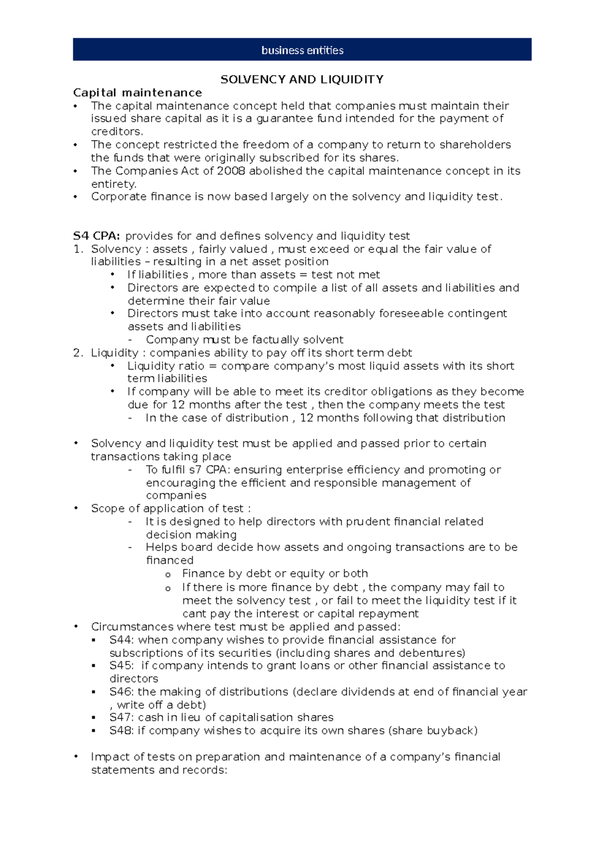 BE TEST PREP - lecture notes - SOLVENCY AND LIQUIDITY Capital ...