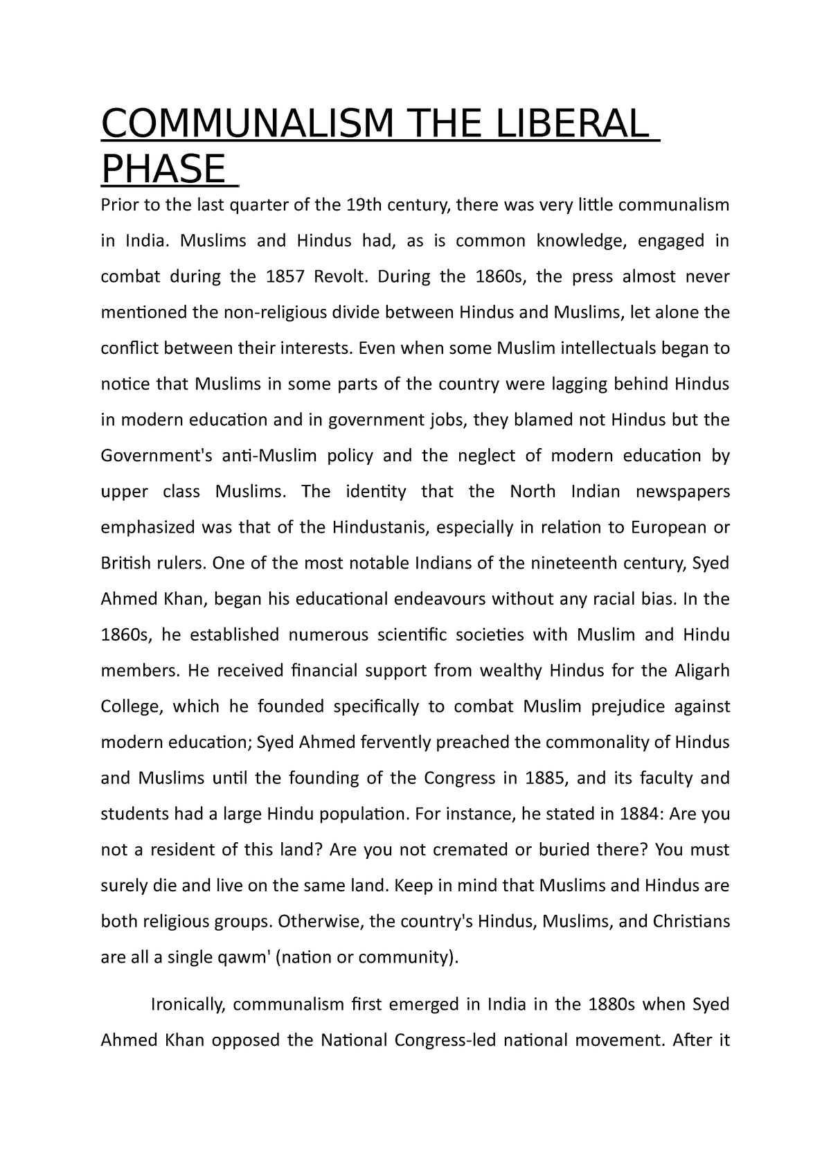 Communalism THE Liberal Phase - COMMUNALISM THE LIBERAL PHASE Prior To ...